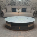 Oval Pale Green Marble Coffee Table with Cream Leather Band and Dark Glossy Wood